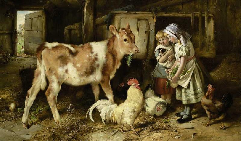 Kinder füttern ein Kalb und Hühner von Walter Hunt