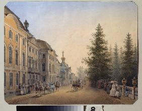 Die Haupteinfahrt vor dem Großen Palast von Peterhof 1852