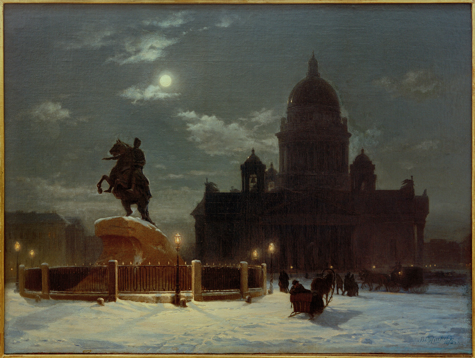 Blick auf das Denkmal für Peter I. auf dem Senatsplatz in Petersburg von Wassilij Iwanowitsch Surikow