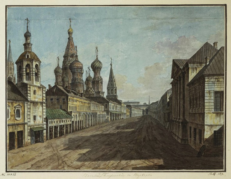Blick auf die Basilius-Kathedrale von der Warwarka Straße aus von Werkst. Alexejew
