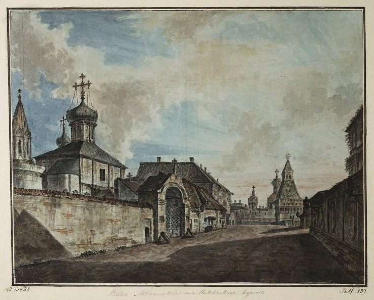 Blick auf die Mjasnizkaja Straße vom Nikolaus-Tor aus von Werkst. Alexejew