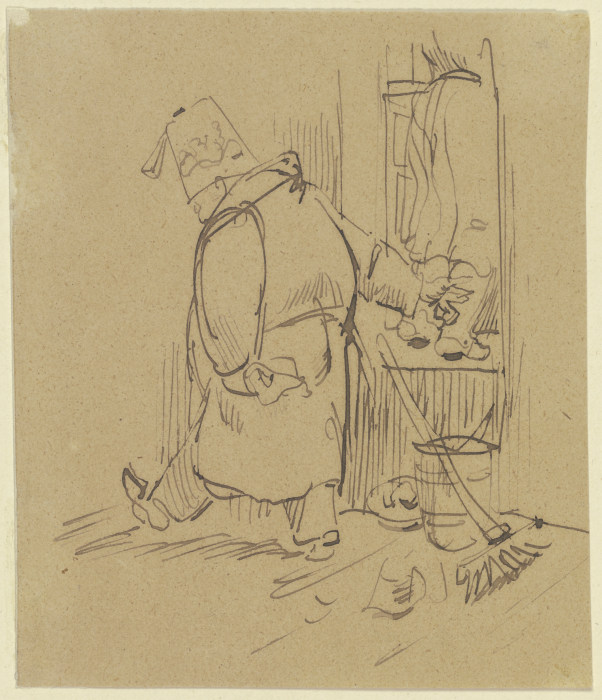 Herr Knopp stößt im Vorbeigehen seine putzende Frau aus dem Fenster von Wilhelm Busch