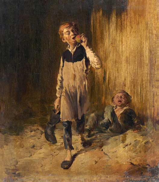Zwei Schusterjungen nach der Balgerei um einen Apfel Um 1875