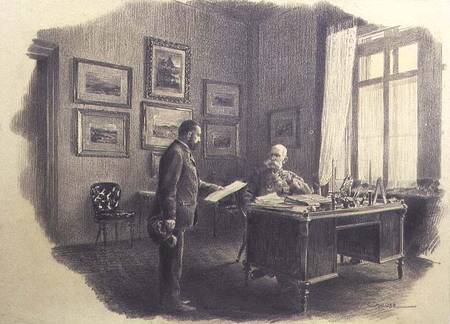 Emperor Franz Joseph I of Austria (1830-1916) at his writing desk at Jagdrock (pencil) von Wilhelm Gause