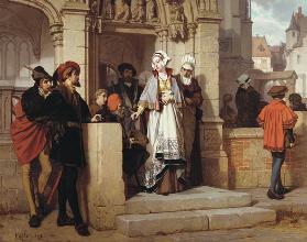 Faust und Mephistopheles warten an der Kirchentür auf Gretchen 1870