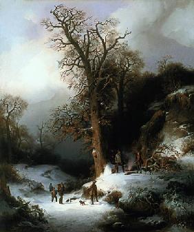 Jagdszene in einer Winterlandschaft. 1844