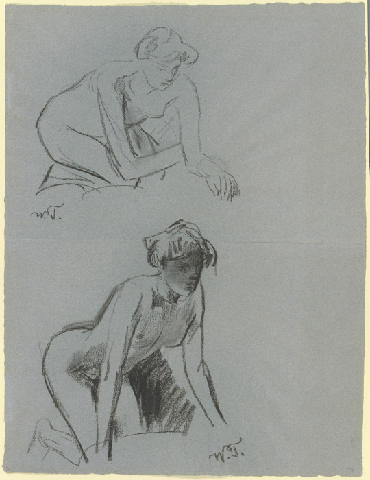 Zwei weibliche Akte, kauernd und kniend von Wilhelm Trübner