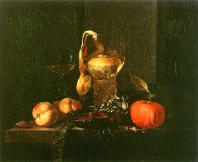Stilleben mit silbener Schüssel, Gläser und Früchten 1658