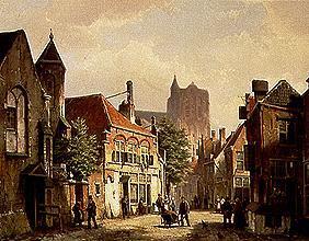 Straßen-Szene in Rotterdam mit der St. Laurens-Kirche