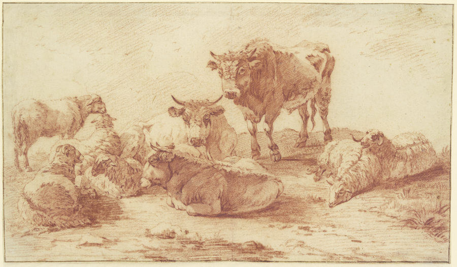 Gruppe von drei Ochsen und sechs Schafen von Willem Romeyn