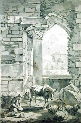 Shepherd with a cow and sheep in a ruin 1693  and