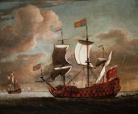 The British man-o'-war `The Royal James' flying the royal ensign off a coast von Willem van de Velde d.J.