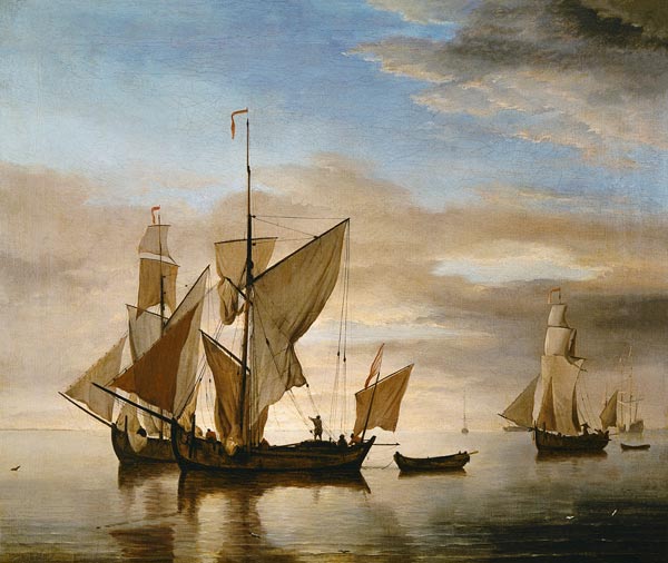 Schiffe auf ruhiger See im Abendlicht von Willem van de Velde d.J.