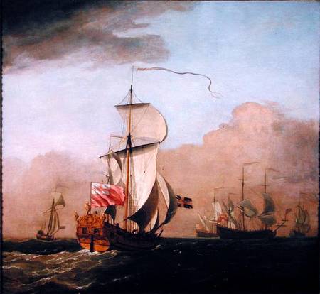 The Second Duke of Albemarle's Ketch with a yacht to the left and three warships in the distance to von Willem van de Velde d.J.