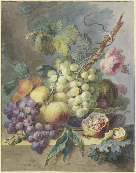 Fruchtstück mit Trauben, Pfirsichen usw., dabei eine Rose von Willem van Leen