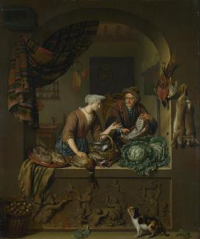 Frau und Fischhändler in der Küche 1713