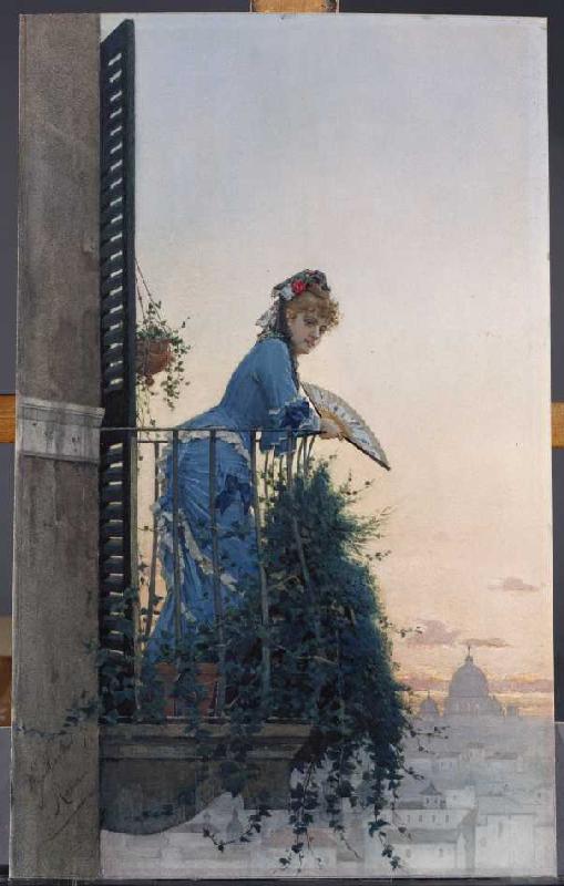 Eine Dame auf einem Balkon, im Hintergrund die Kuppel von St. Peter. von Willem Johann Martens
