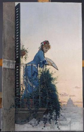 Eine Dame auf einem Balkon, im Hintergrund die Kuppel von St. Peter.