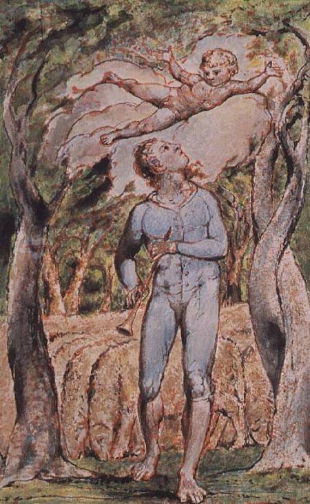 Songs of Innocence; "the Piper" (frontispiece), 1789 (relief-etching, tinted with w/c) von William Blake