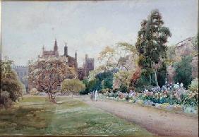 The long walk and flower border in May - New College, Oxford c.1918  on