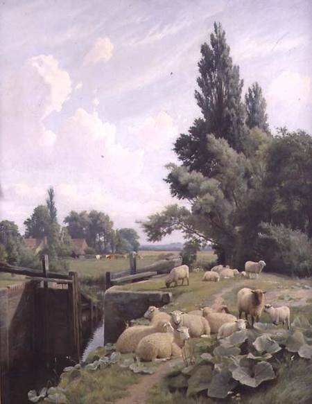 Landscape with a Canal Lock and a Flock of Sheep von William Sidney Cooper