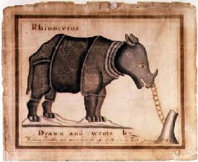 'Rhinoceros, drawn and wrote by William Twiddy who never had the use of hands or feet' June 1st 1