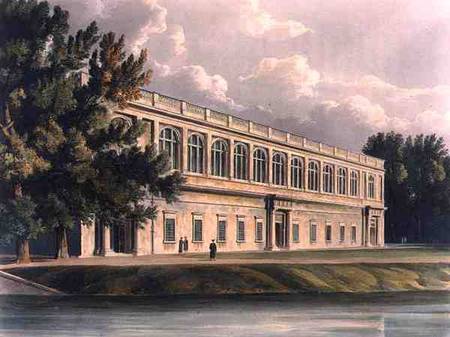 Exterior of Trinity Library from St. John's Gardens, Cambridge, from 'The History of Cambridge', eng von William Westall