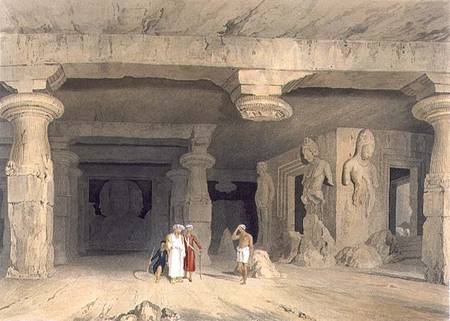 Interior of the Great Cave Temple of Elephanta, near Bombay, in 1803, from Volume II of 'Scenery, Co von William Westall