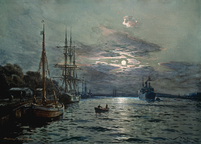 Mondnacht im Hafen von Swinemünde von Willy Stöwer