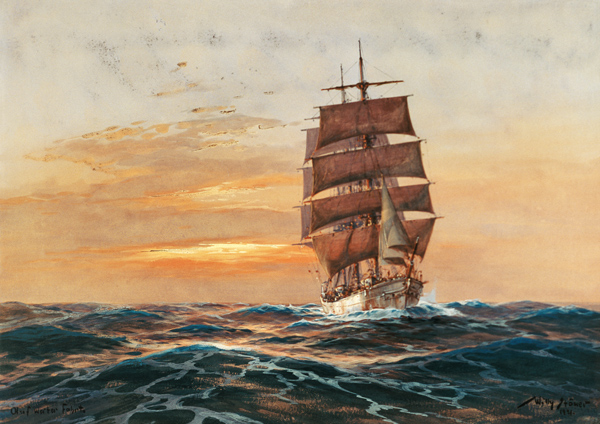 Vollschiff vor untergehender Sonne von Willy Stöwer