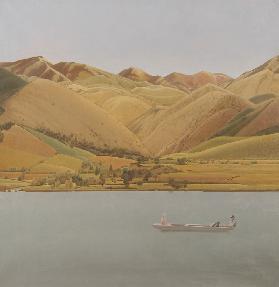 Edge of Abruzzi: Boot mit drei Personen an einem See 1930