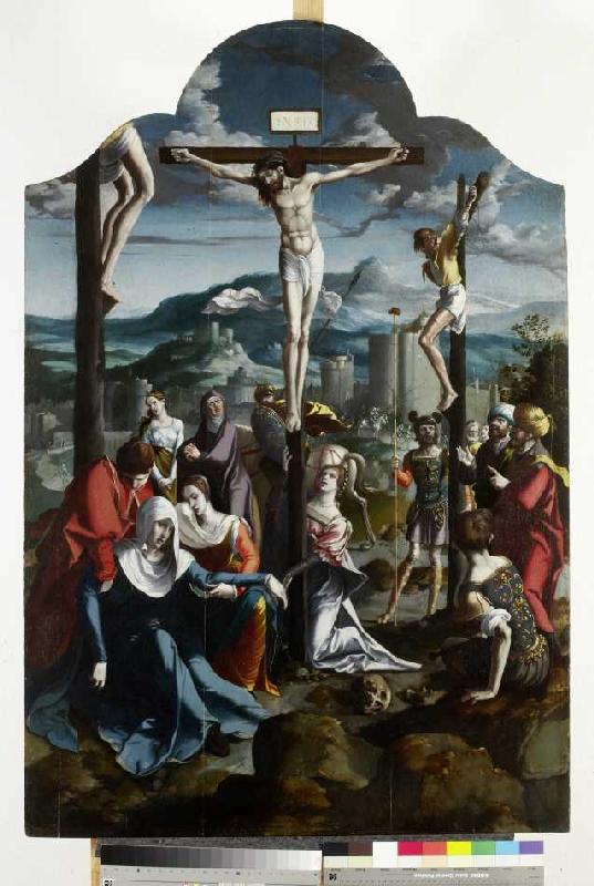 Triptychon mit der Kreuzigung Christi, Heiligen und Stifterfamilie. Mitteltafel: Kreuzigung Christi. von Wojciech Styka