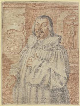 Bildnis eines protestantischen Predigers, links ein Wappen mit drei Blumen, rechts ein Kruxifix
