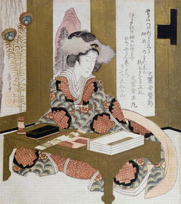 The Poetess, Bijin, at her Calligraphy Table (colour woodblock print) von Yashima Gakutei
