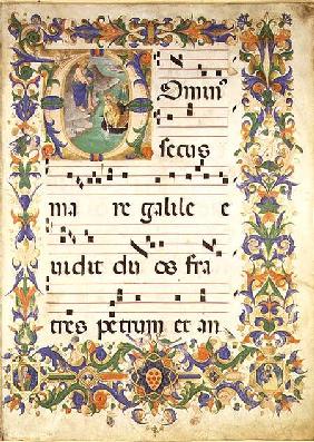 Missal 515 f.1r Page of choral music with an historiated initial 'O' depicting The Calling of St. Pe from a cho